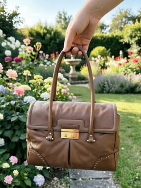 New Talbots Vintage Brown Leather Satchel Handbag Gold Turn-Lock Top Handle